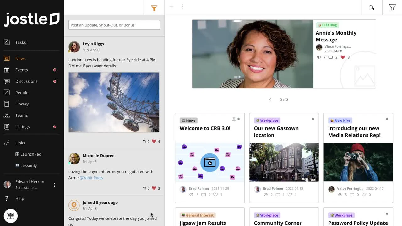 Jostle intranet news view with a CEO blog feature, a team updates feed and news cards