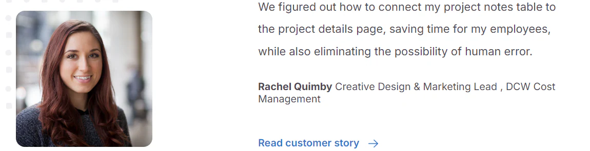 Customer quote from Rachel Quimby of DCW Cost Management praising Softr