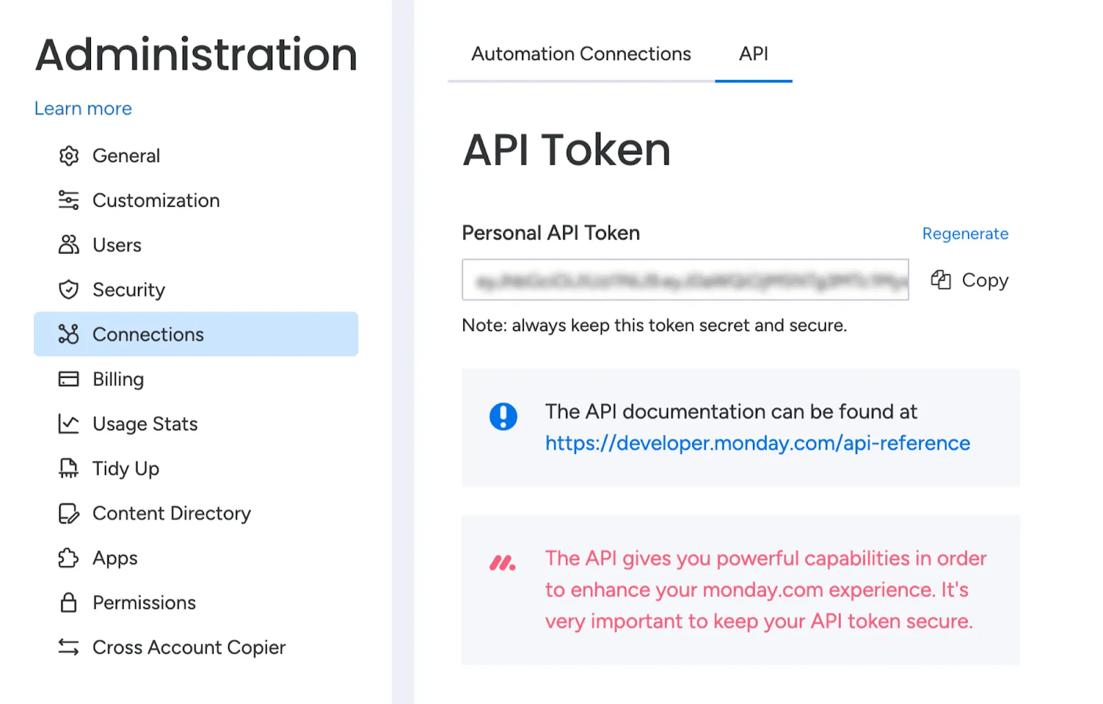 monday.com Administration panel showing the Connections tab with the Personal API Token field