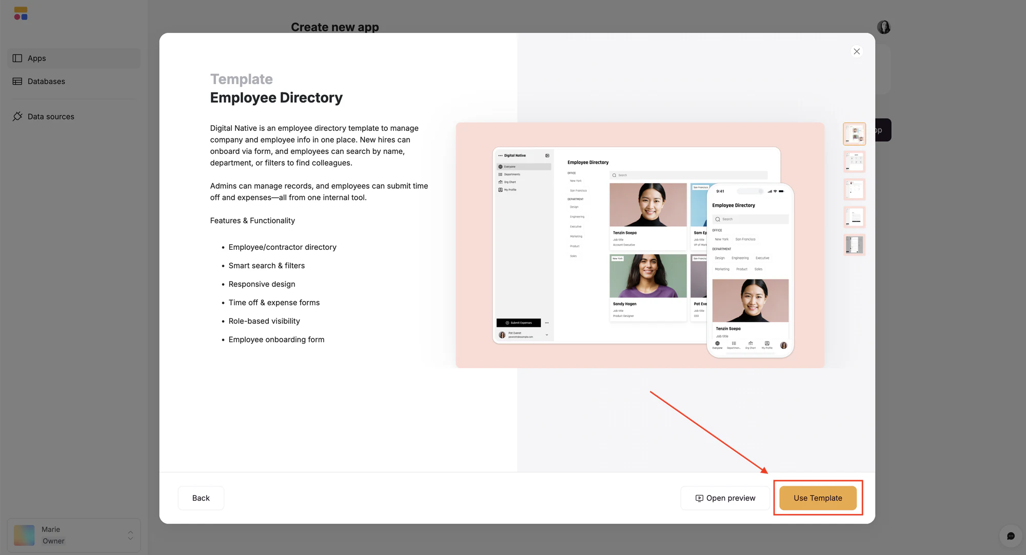 Softr Employee Directory template preview with employee records