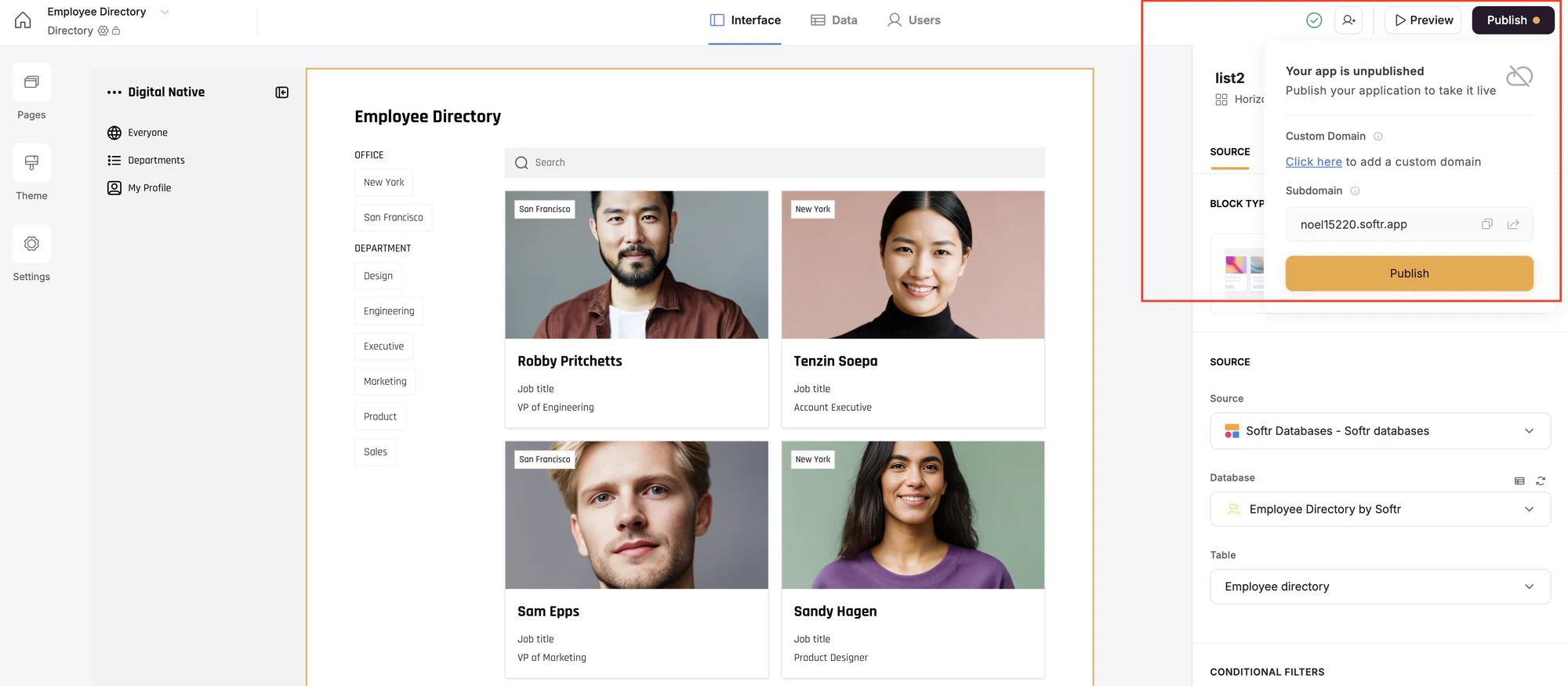 Softr app preview and publish screen for the Employee Directory template