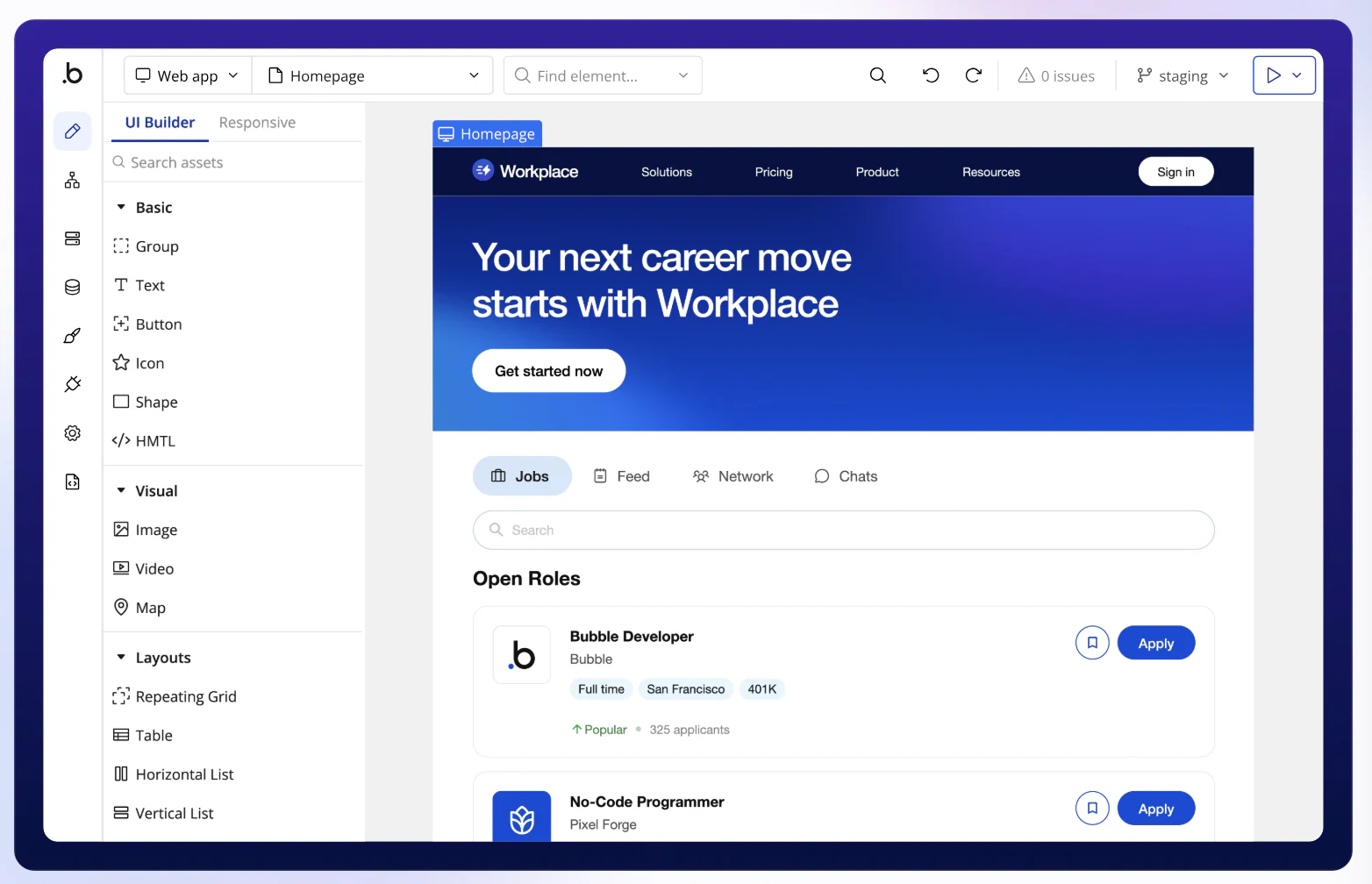 Bubble no-code platform interface for building database-driven applications