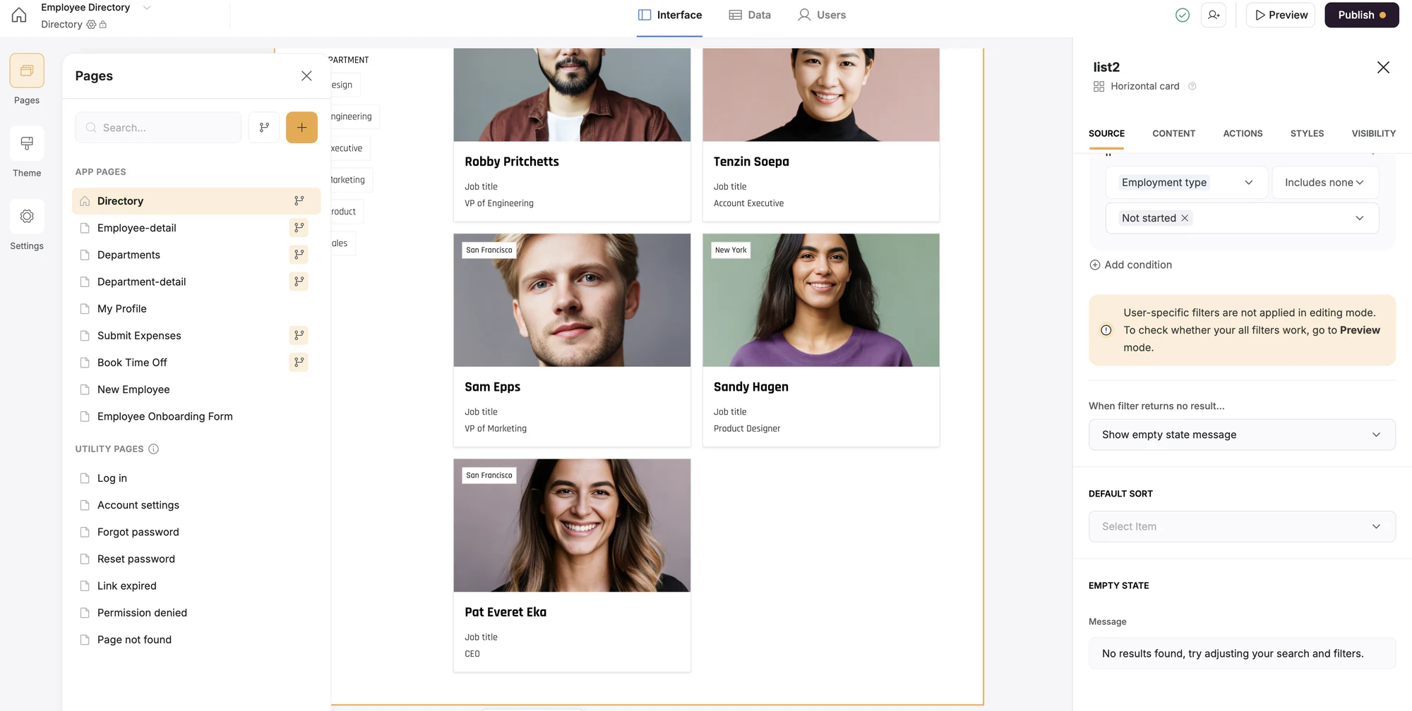Softr editor showing customization options for the Employee Directory template