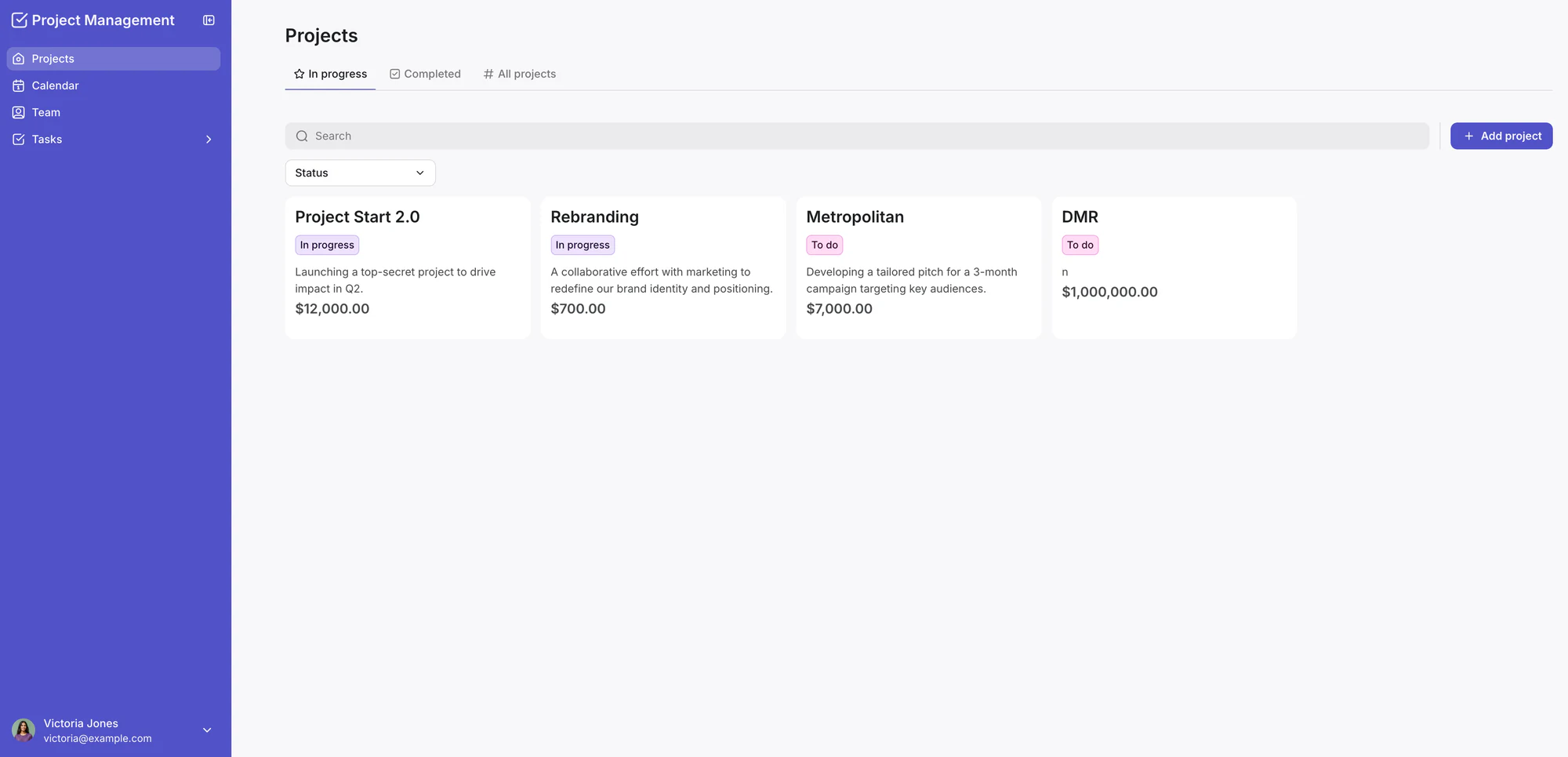 Softr project documentation wiki listing project cards with status and budget