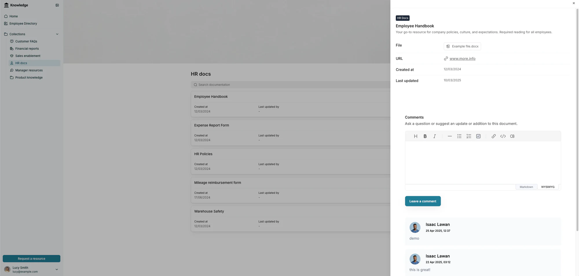 Softr employee handbook wiki showing an HR document with file details and a comments thread