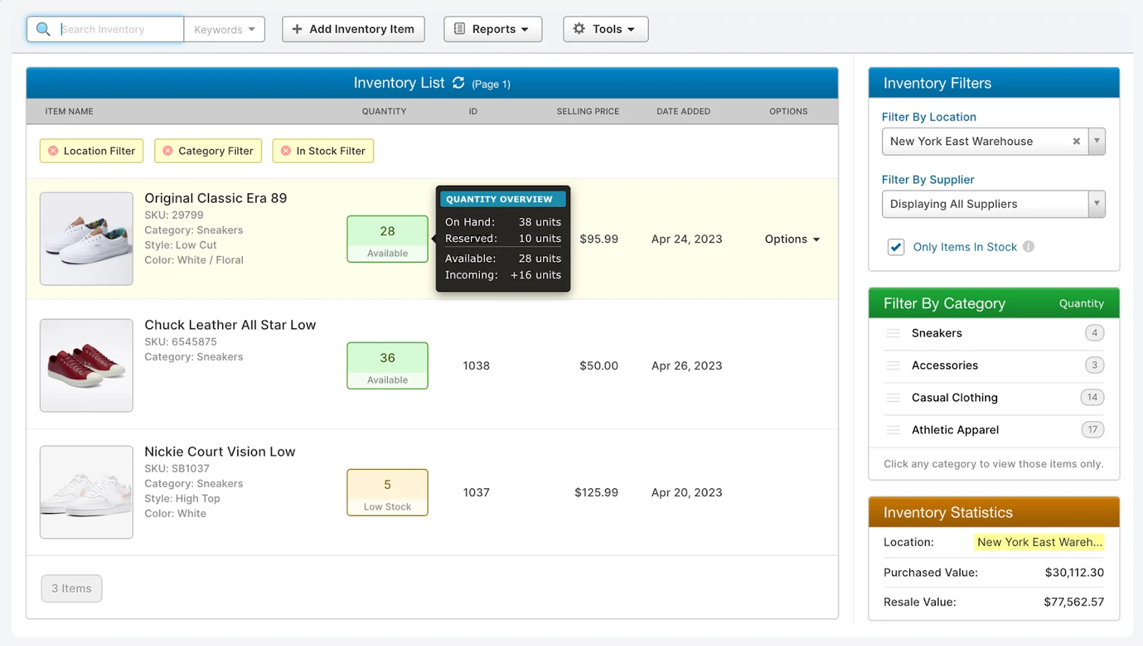 SalesBinder inventory list of sneakers with quantity overview, location filters and stock statistics