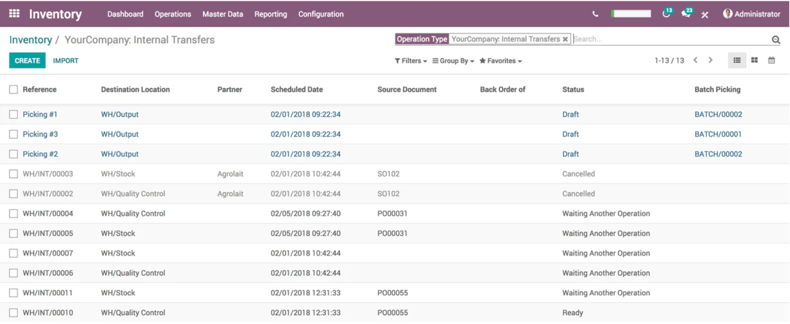 Odoo Inventory internal transfers list with destination locations, scheduled dates and status