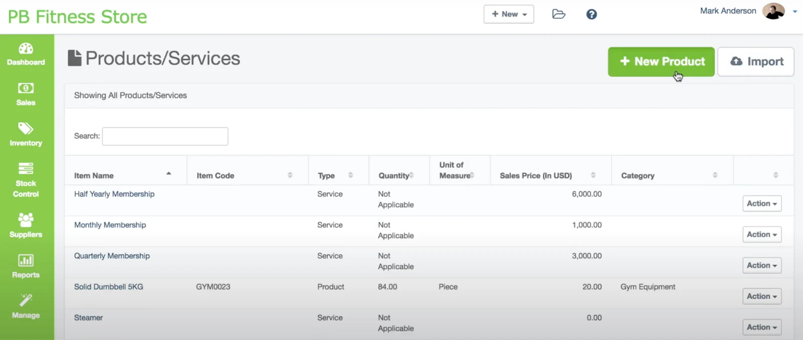 ProfitBooks products and services list with item codes, quantity, sales price and category