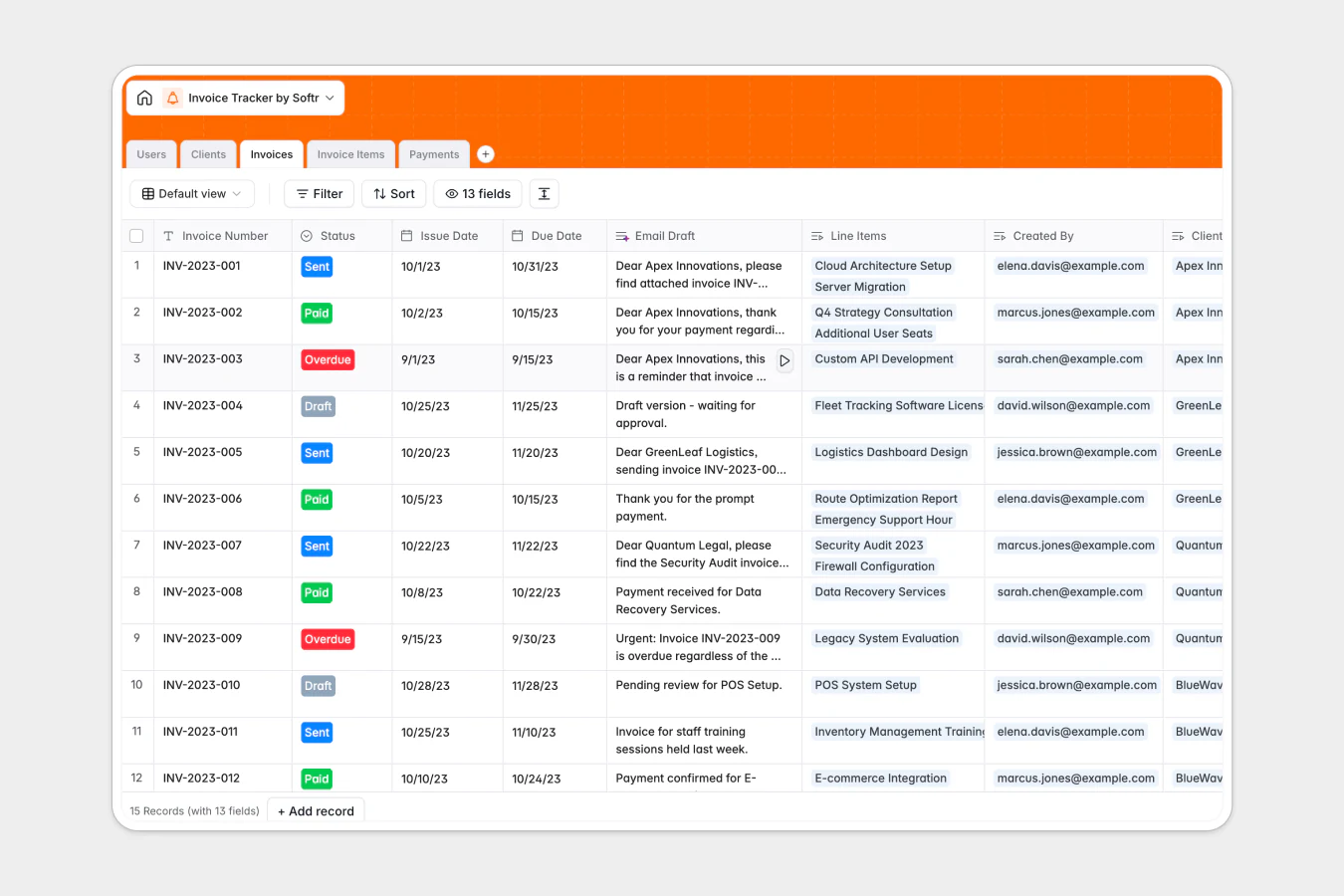 Screenshot of an Invoice Tracker in Softr Database