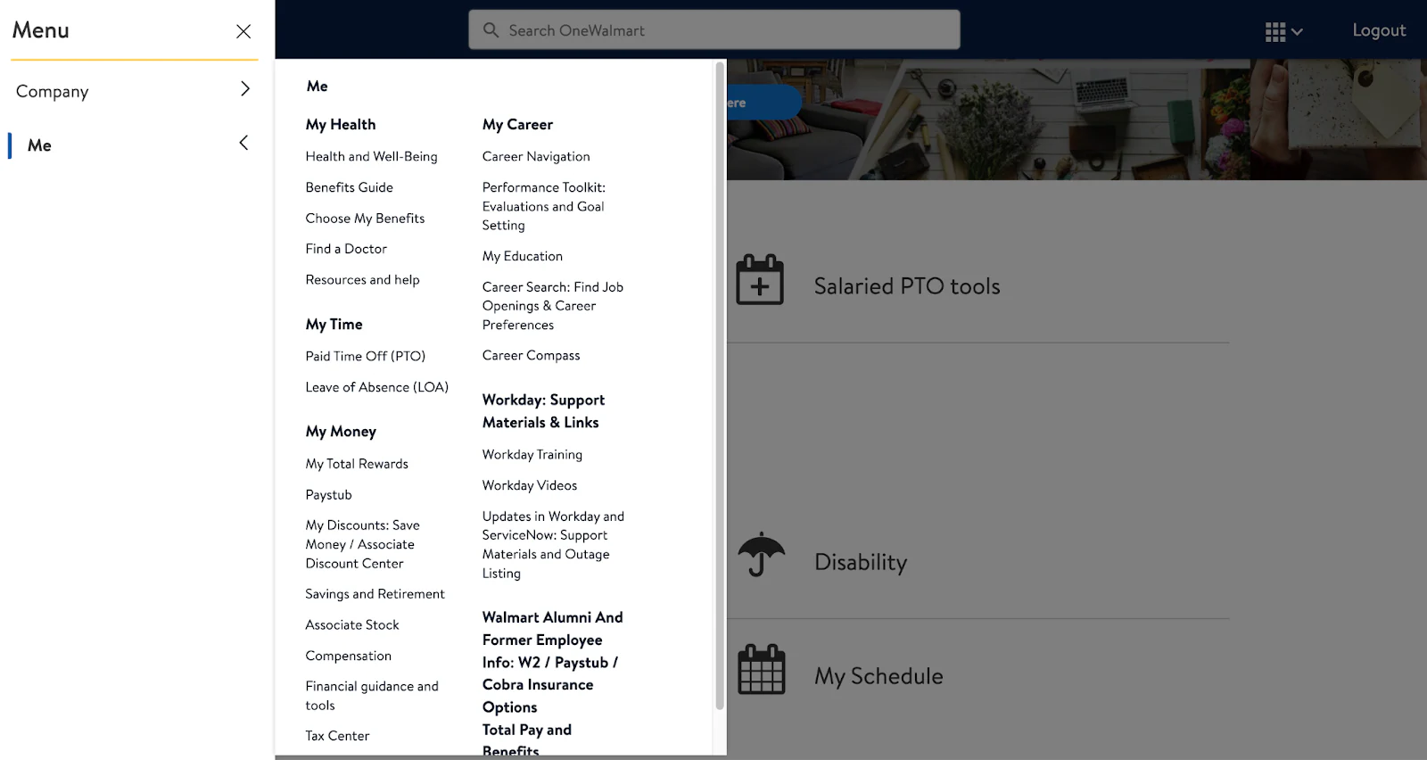 Screenshot of Walmart's OneWalmart portal
