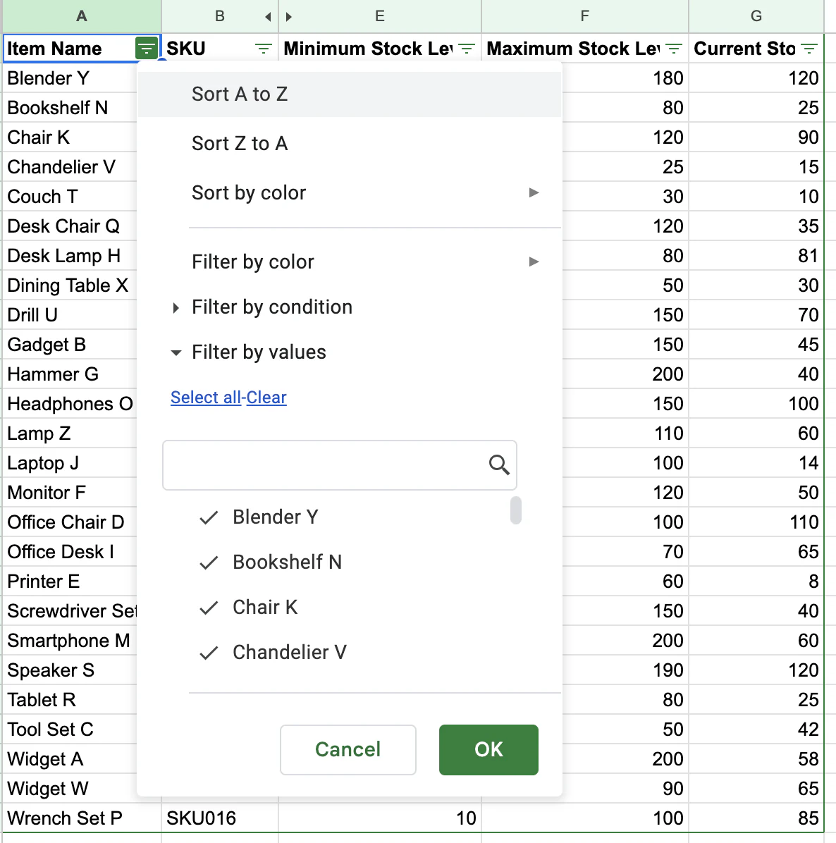 Sorting data on Google Sheets.