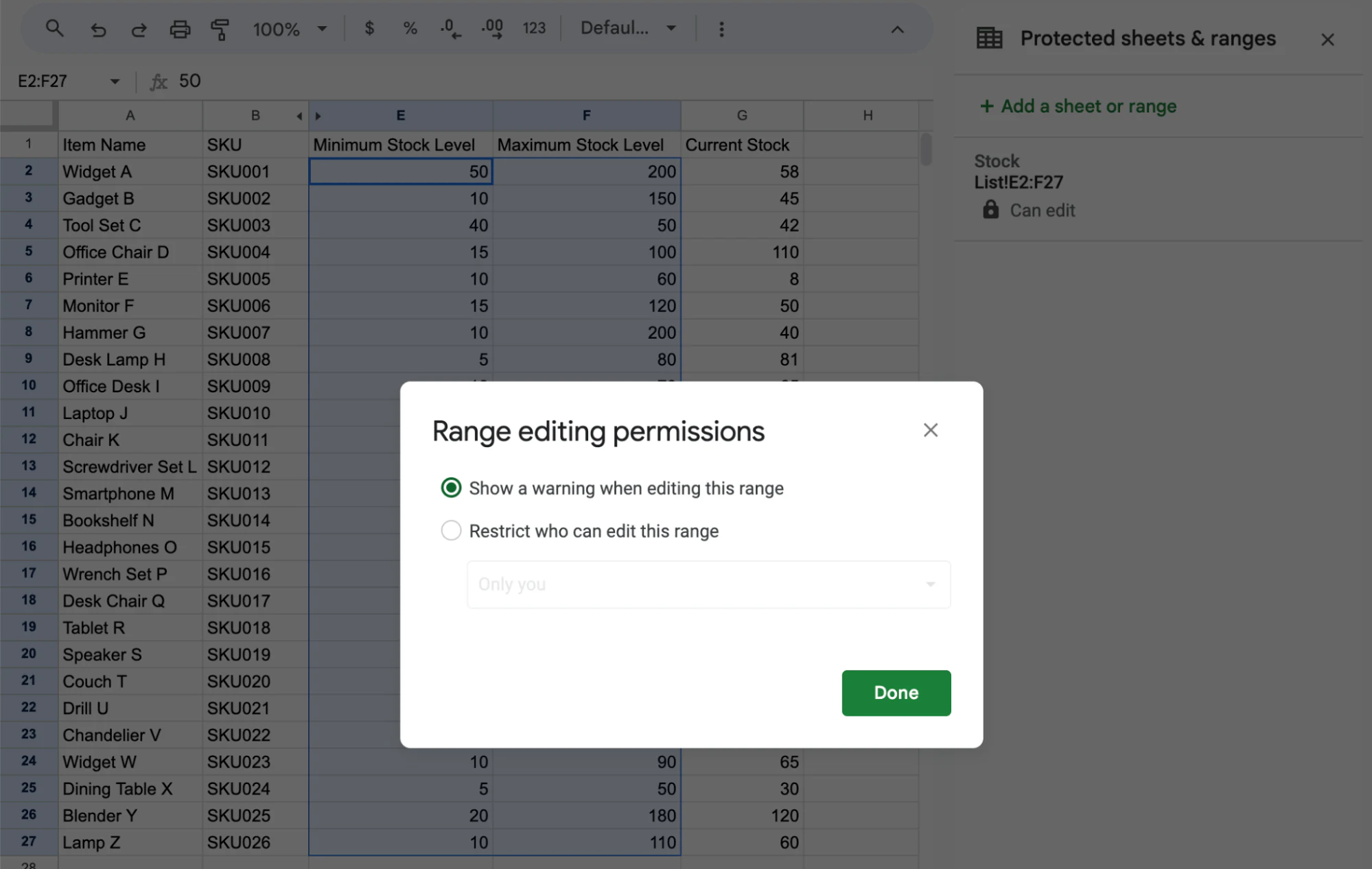 Protecting cells on Google Sheets.
