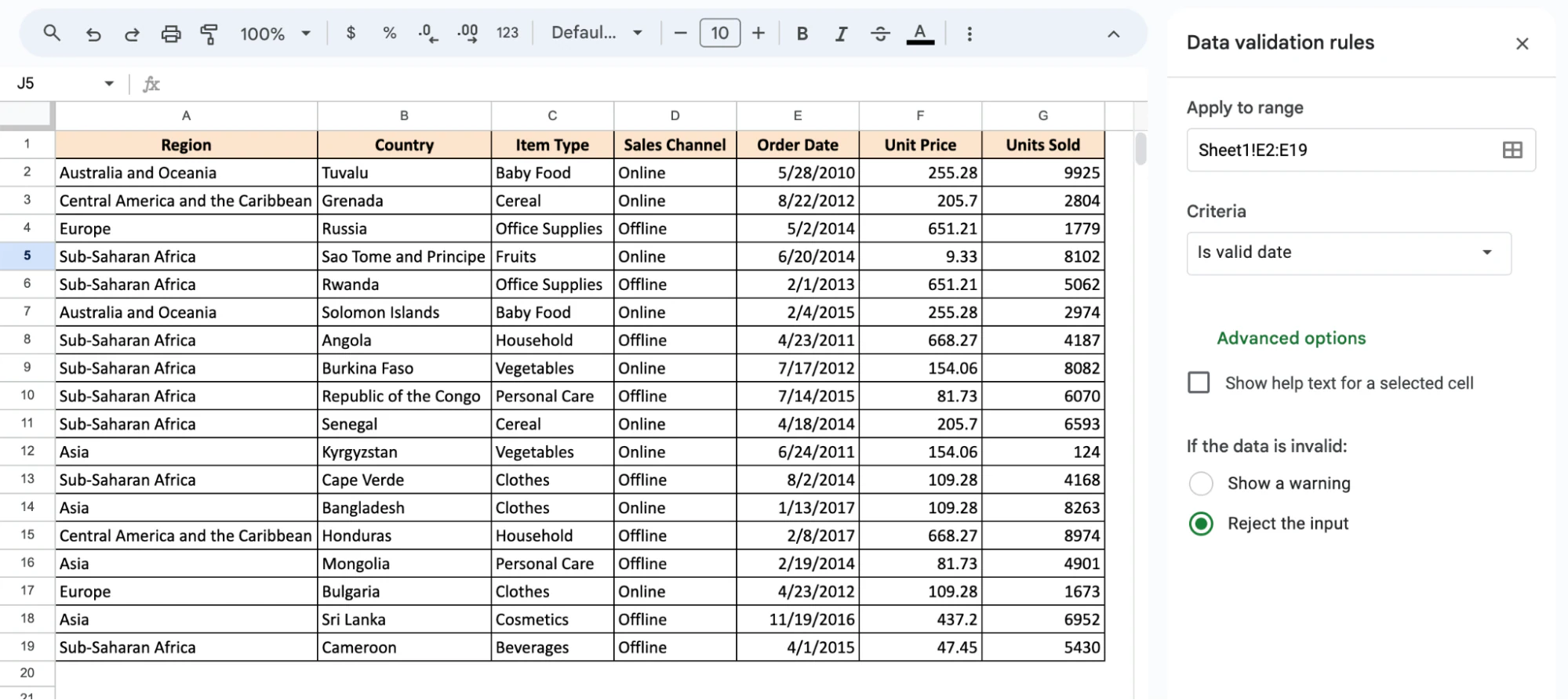 Data validation rules on Google Sheets.