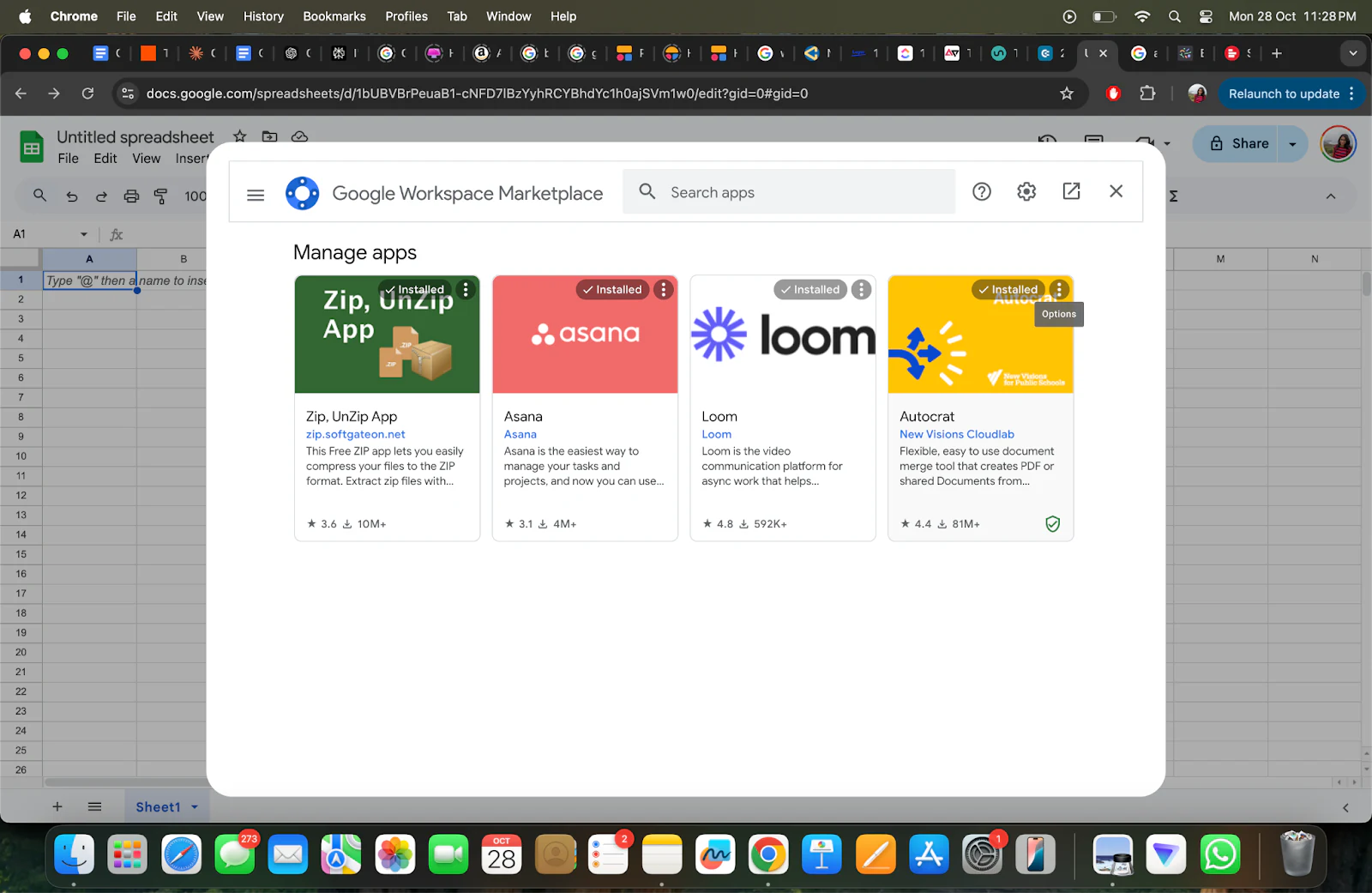 Manage apps list showing installed add-ons with a three-dot options menu