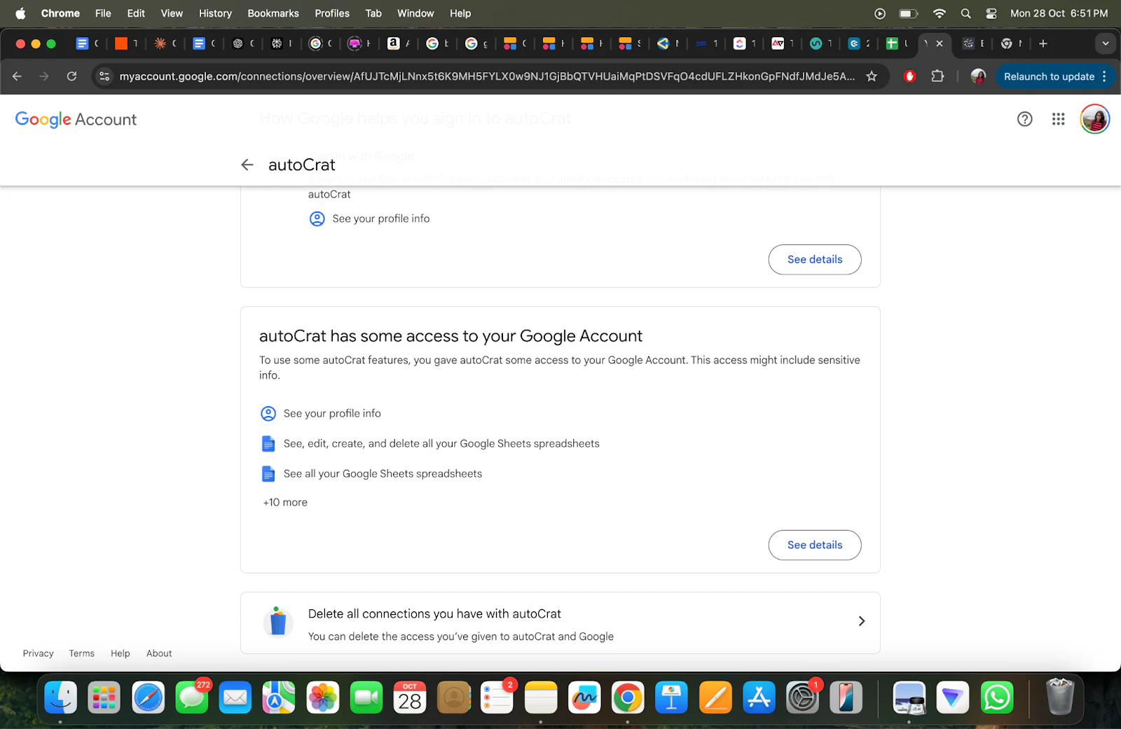autoCrat access permissions page with option to delete connections