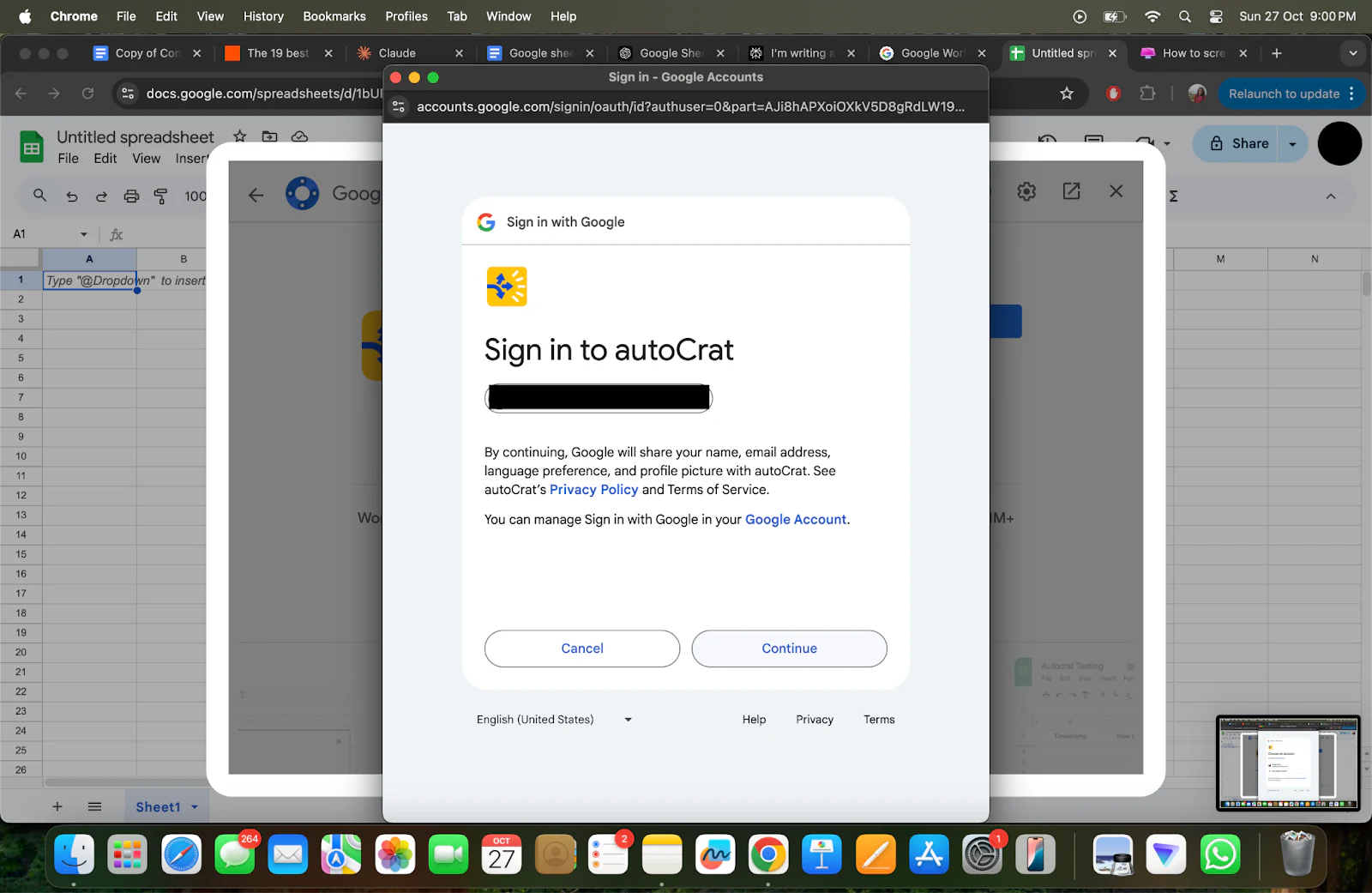 Google sign-in prompt to grant autoCrat access to your account