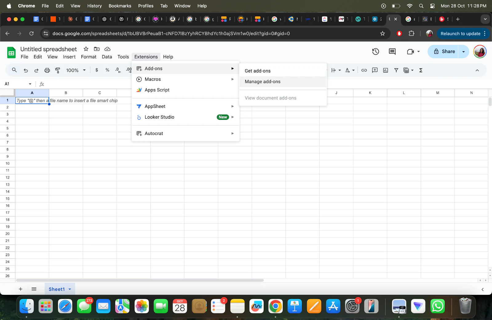 Manage add-ons option under the Extensions menu in Google Sheets