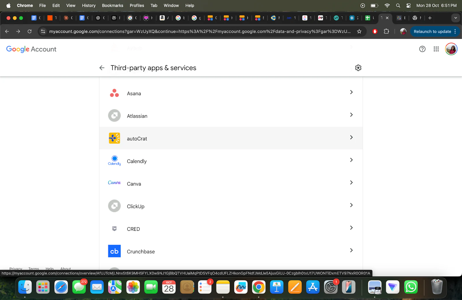 Third-party apps and services list in Google Account settings