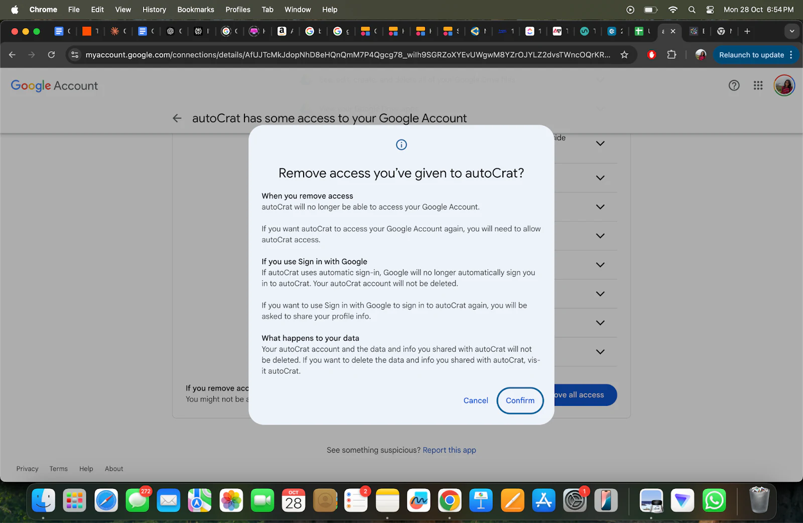 Remove access confirmation dialog for autoCrat with a Confirm button