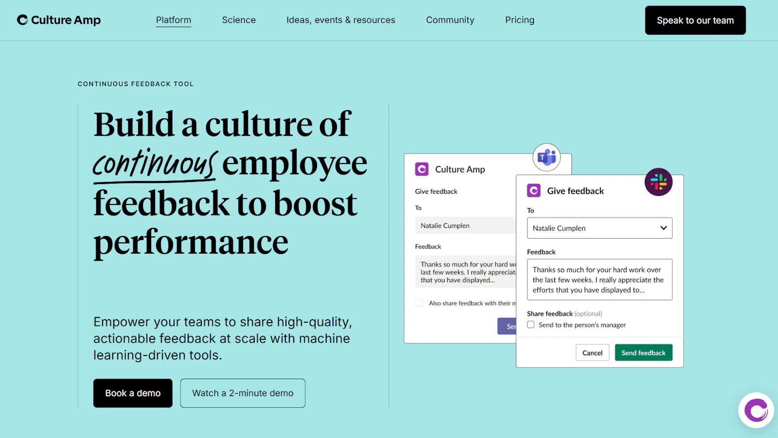Culture Amp platform showing templated employee feedback surveys and calibration reports