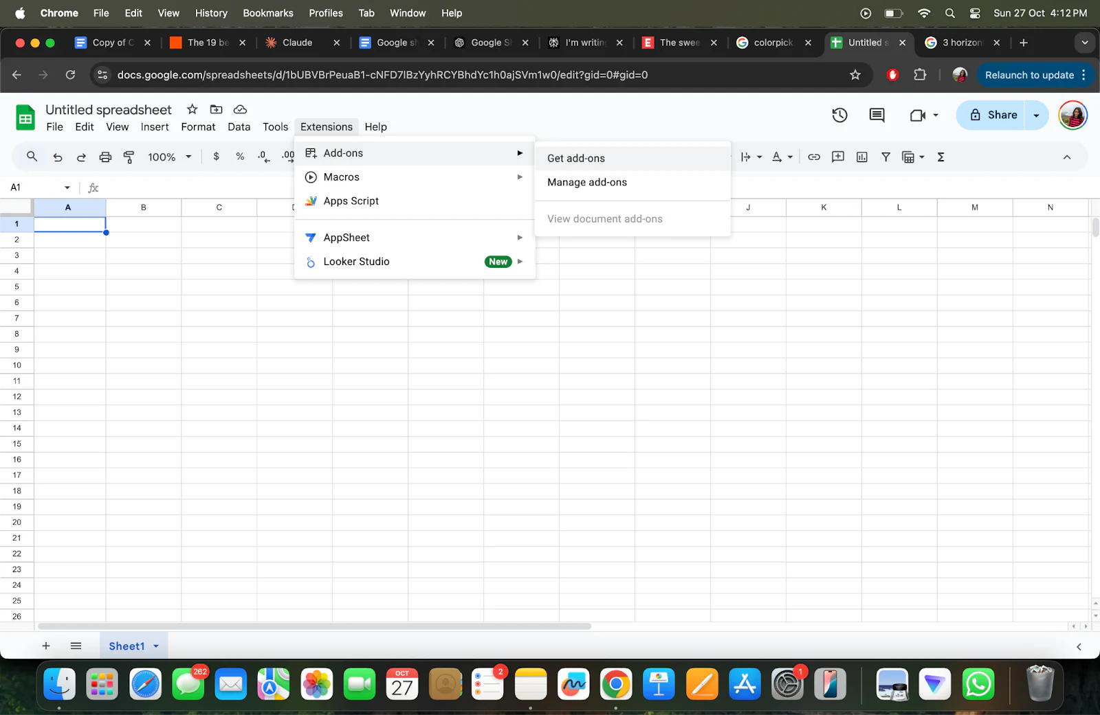 Google Sheets Extensions menu open showing the Add-ons option