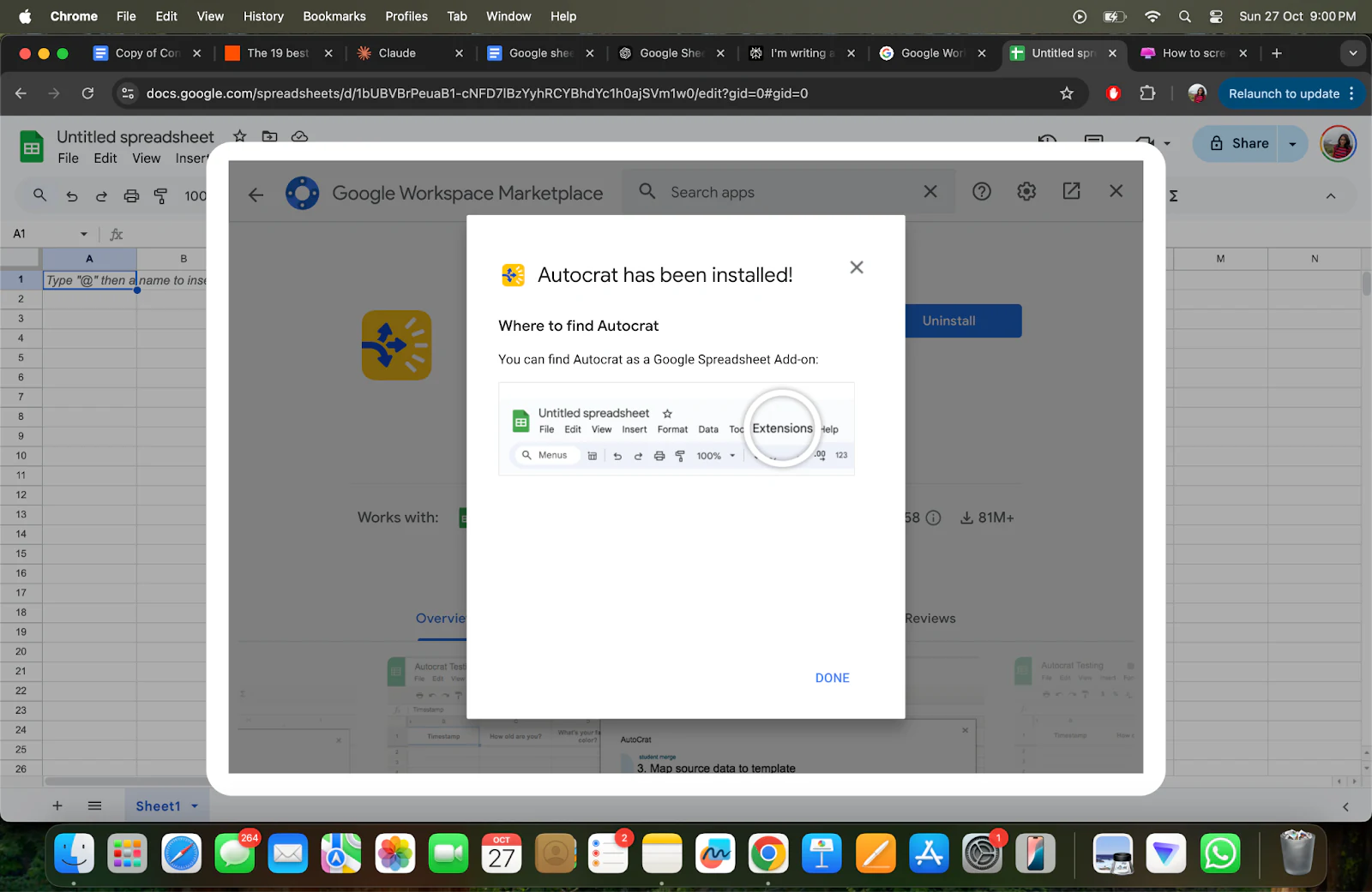 Autocrat installed confirmation showing where to find it under Extensions