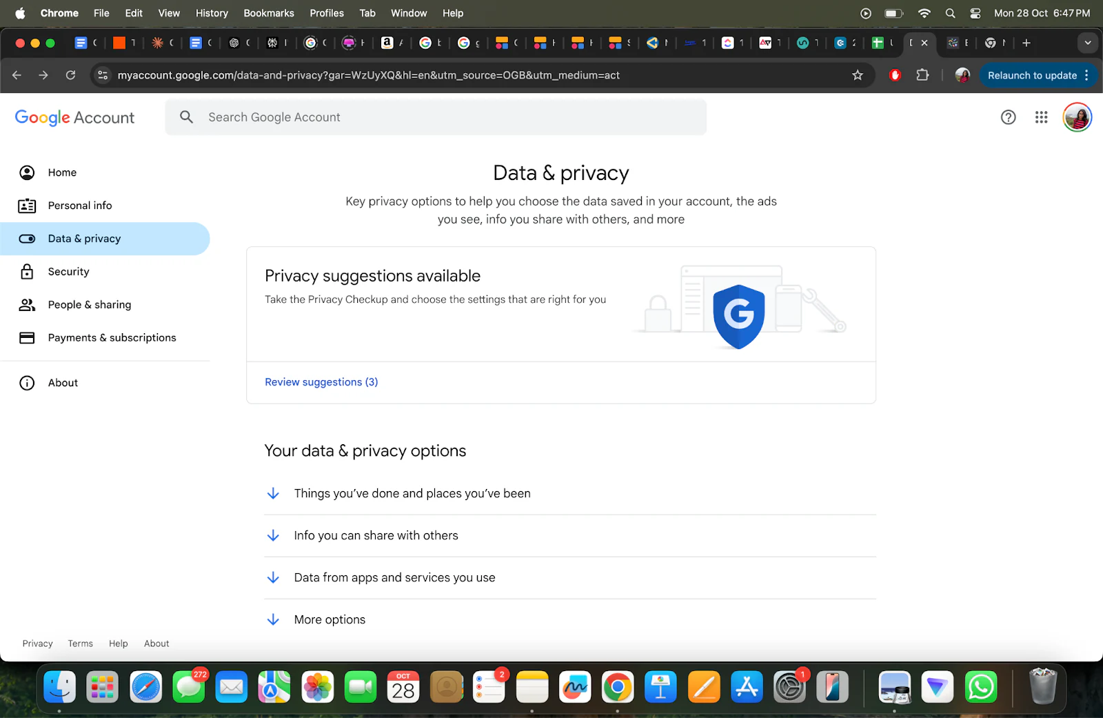 Data and privacy settings page in a Google Account