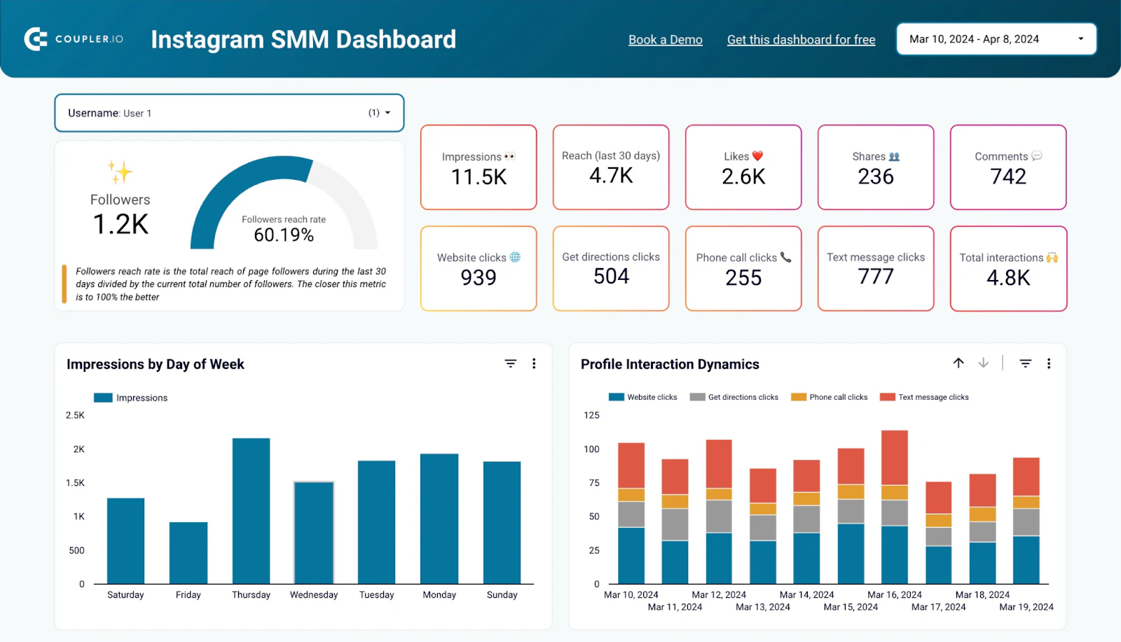 Coupler.io Instagram dashboard showing follower and engagement metrics