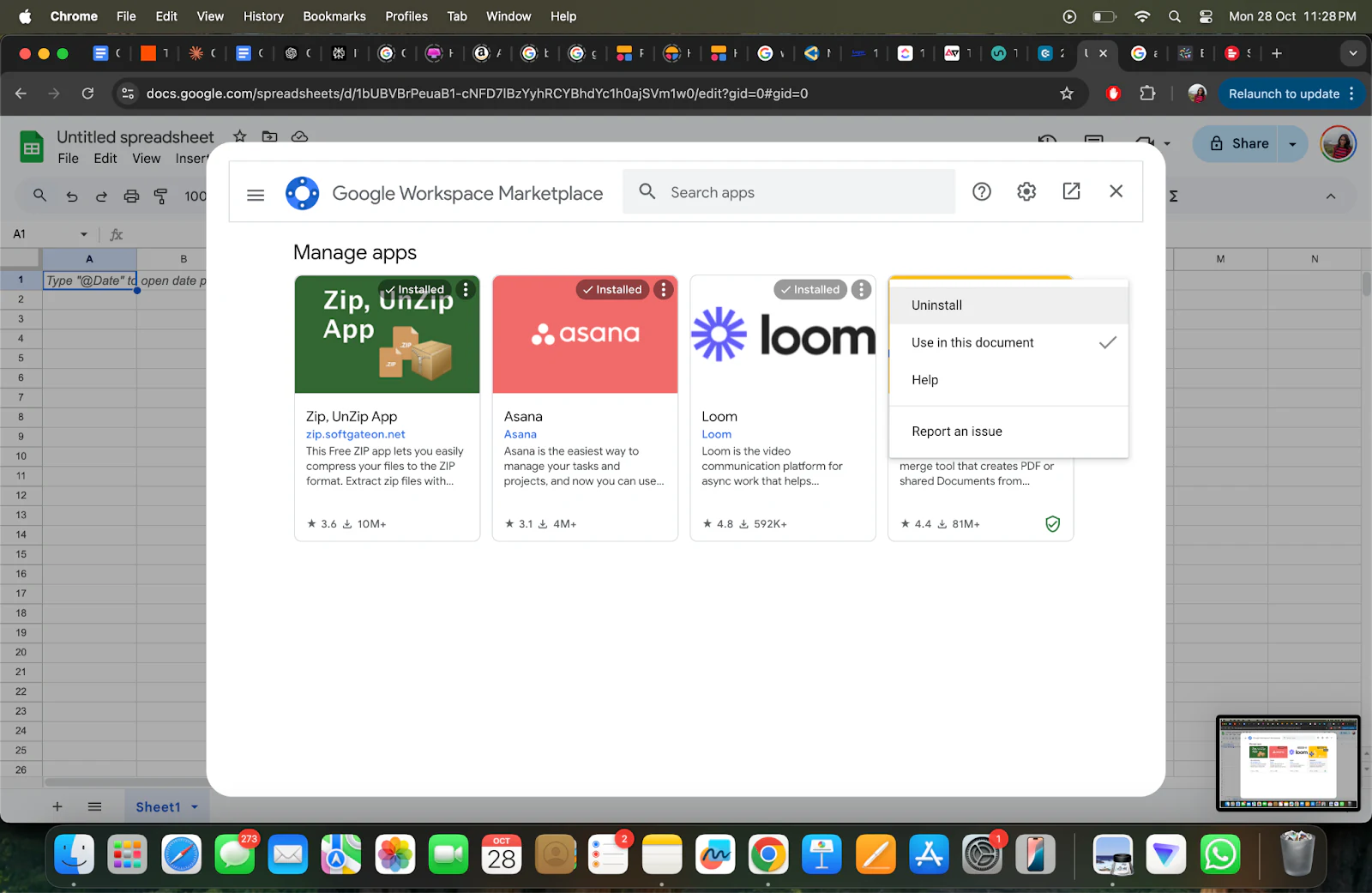 Add-on options menu with Uninstall, Use in this document, and Help