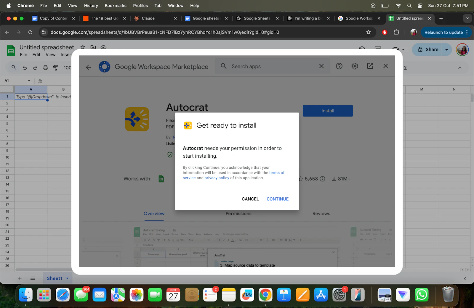 Permission pop-up asking to continue installing a Google Sheets add-on