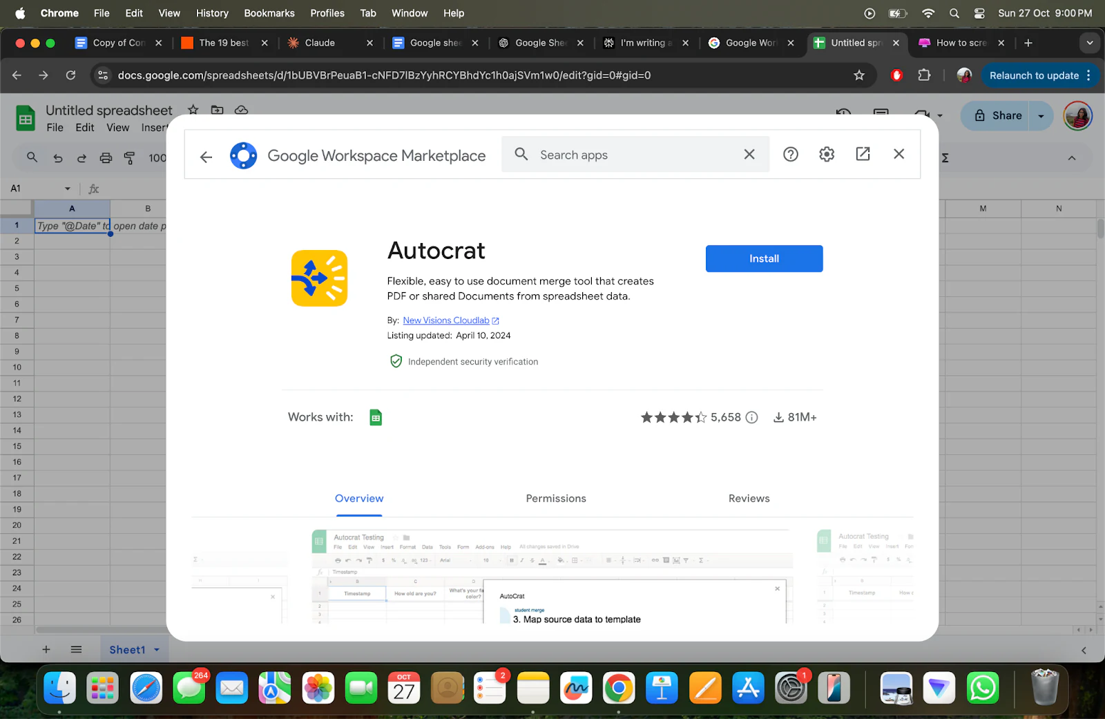 Autocrat add-on listing page in Google Workspace Marketplace with Install button