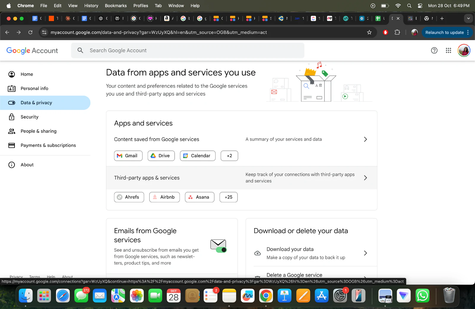 Data from apps and services you use section in Google Account settings