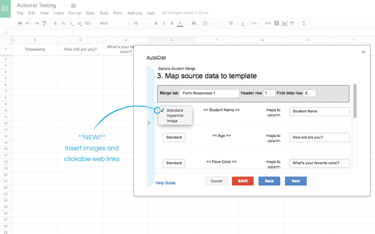 Autocrat template mapping step matching spreadsheet columns to merge fields