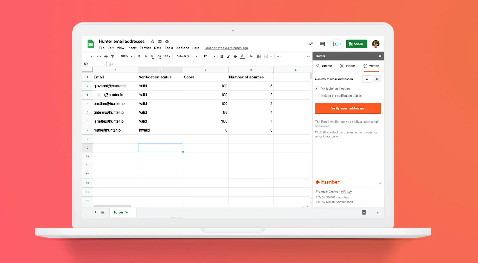 Hunter for Sheets add-on for finding and verifying email addresses
