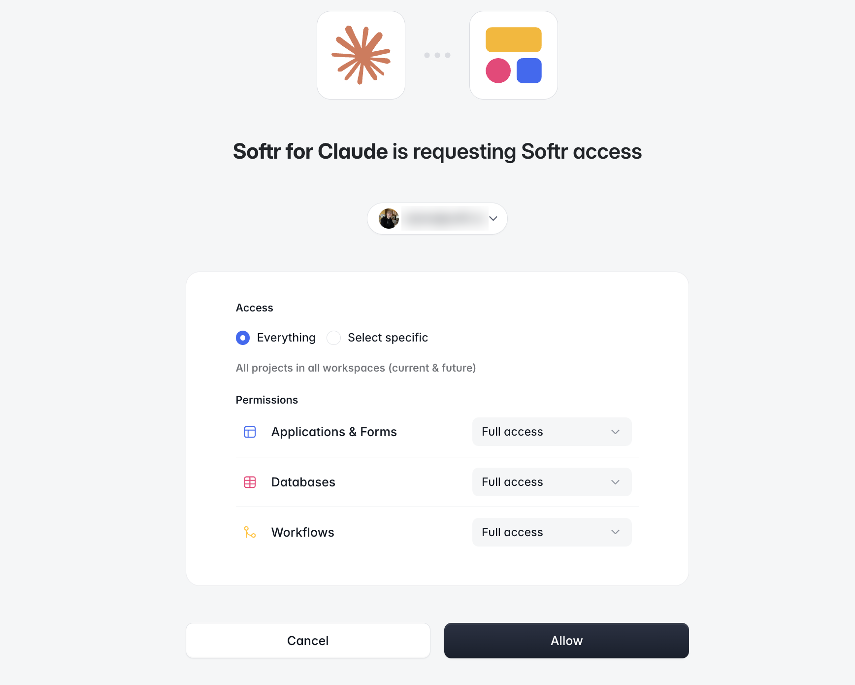 Softr connector sign-in screen in Claude, with options to give Claude access to everything or specific projects and a permission level for applications, databases, and workflows