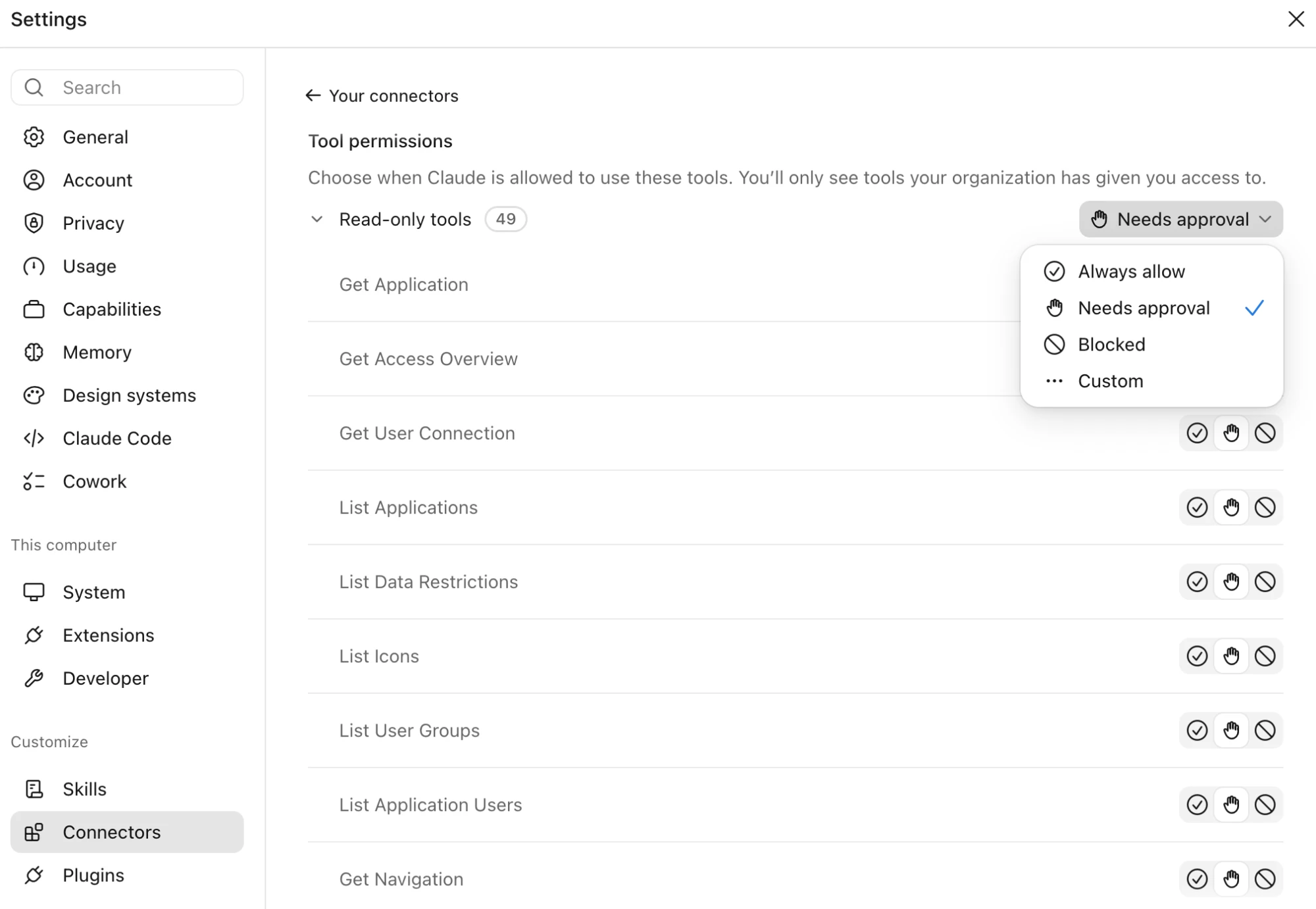Tool permissions for a connector in Claude's settings, with a menu to set tools to Always allow, Needs approval, Blocked, or Custom