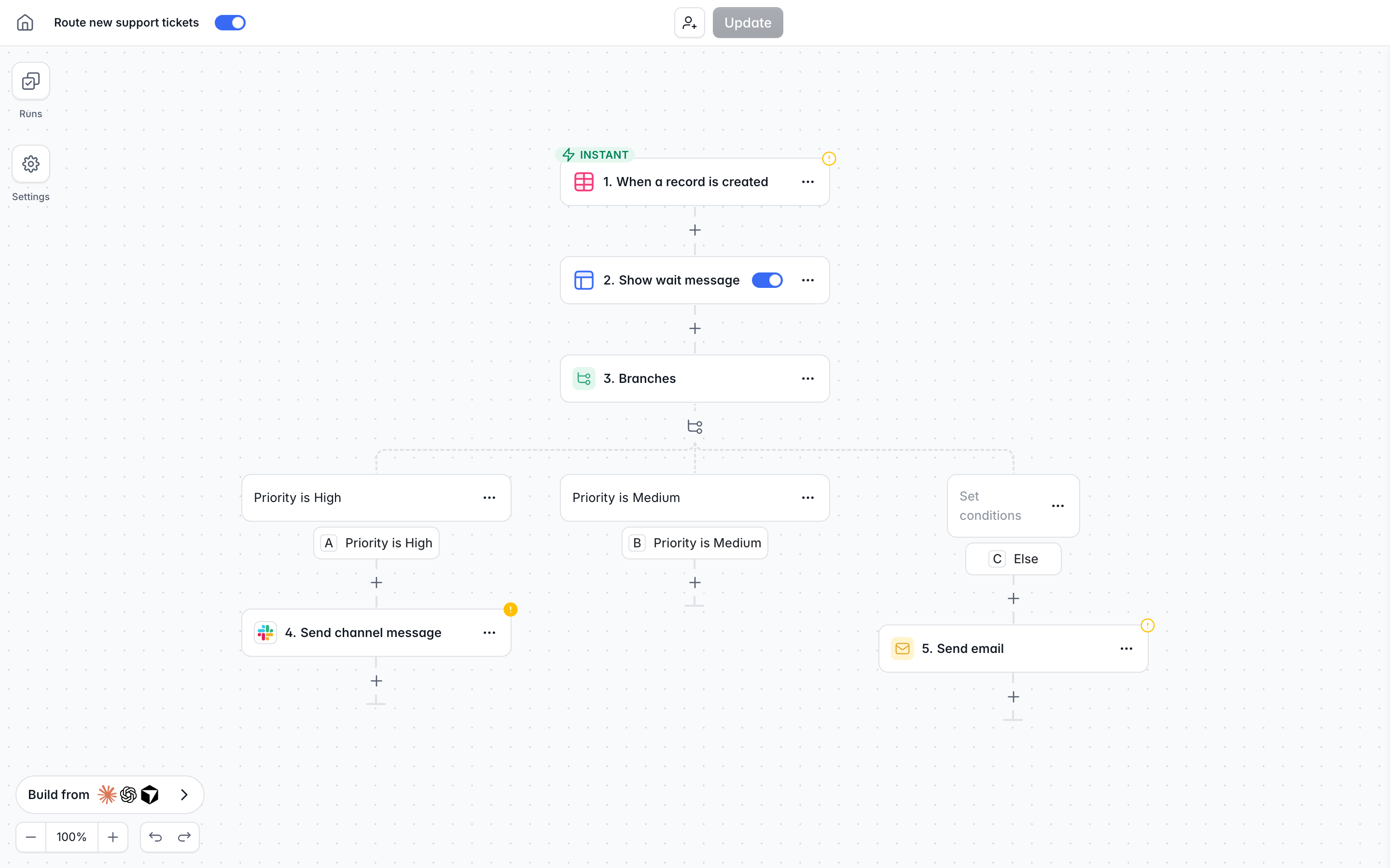 Softr Workflows editor showing a support ticket routing workflow