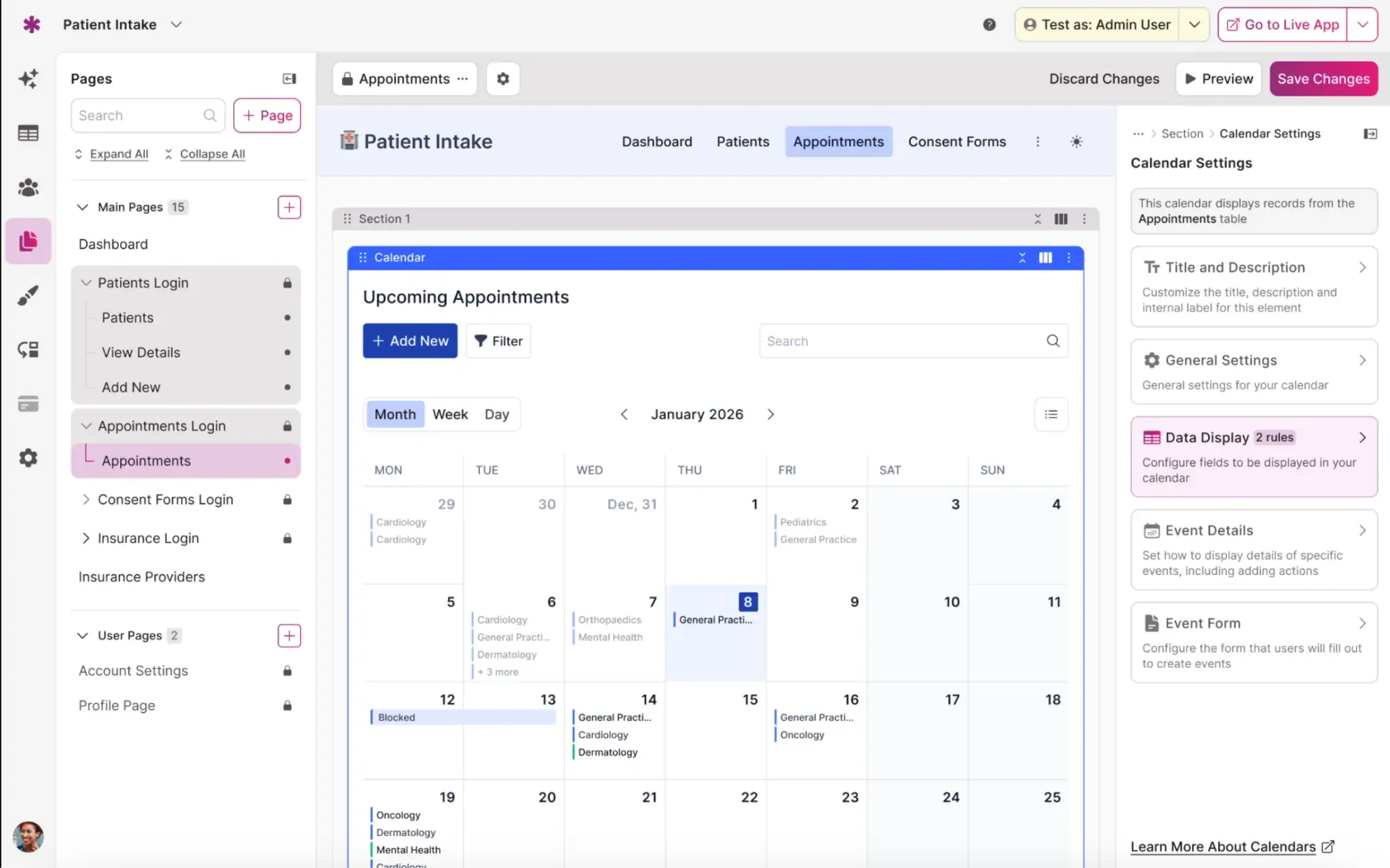 Knack no-code app builder interface showing database and application tools