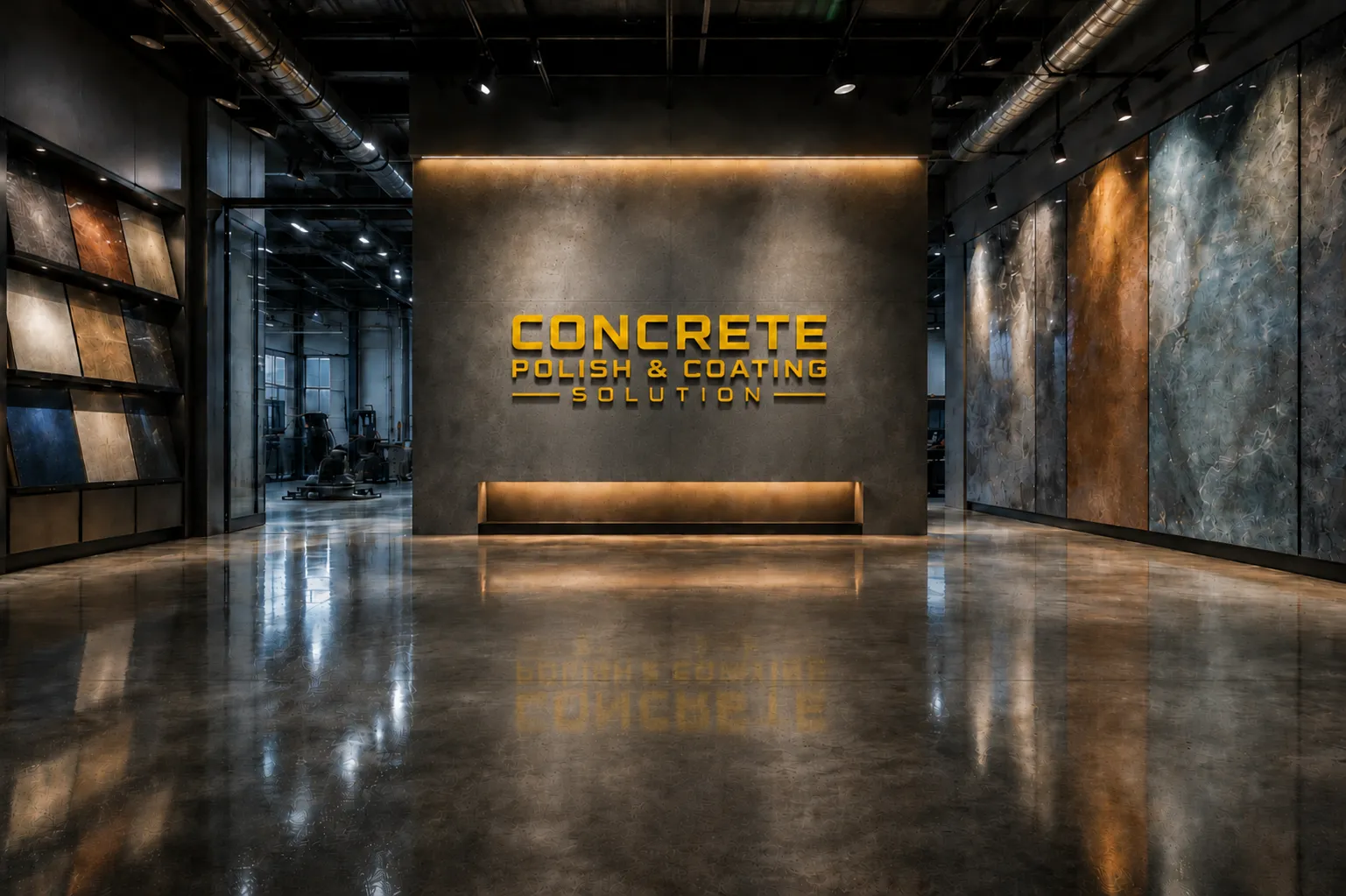 Modern interior showroom with polished concrete floor and walls displaying concrete polish and coating solutions.