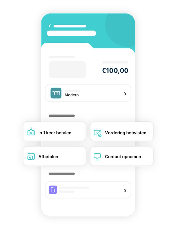 Mobiele app interface met een saldo van €100,00 en opties om in 1 keer te betalen, vordering te betwisten, af te betalen of contact op te nemen.