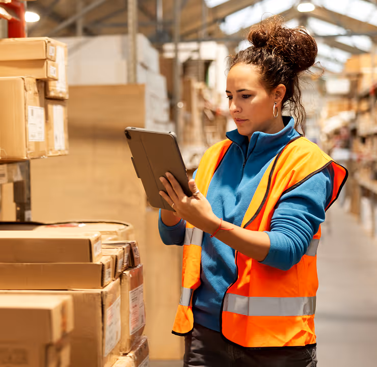 a supply chain manager with a tablet assessing inventory