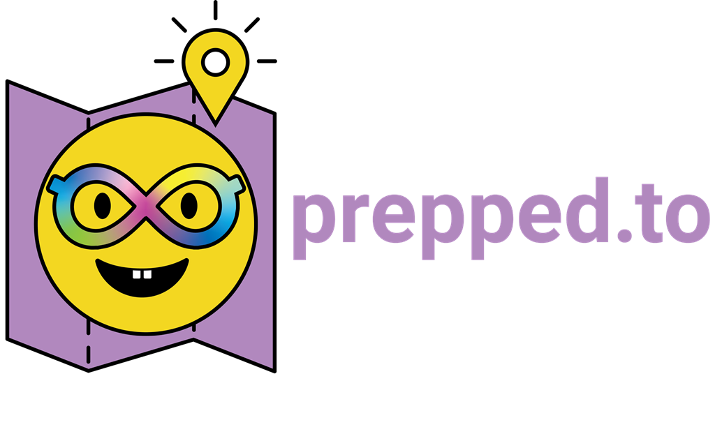 The prepped.to logo with a nerdface empji with rainbow infnity symbol glasses and a lightbulb dropped pin on top of a violet map emoji