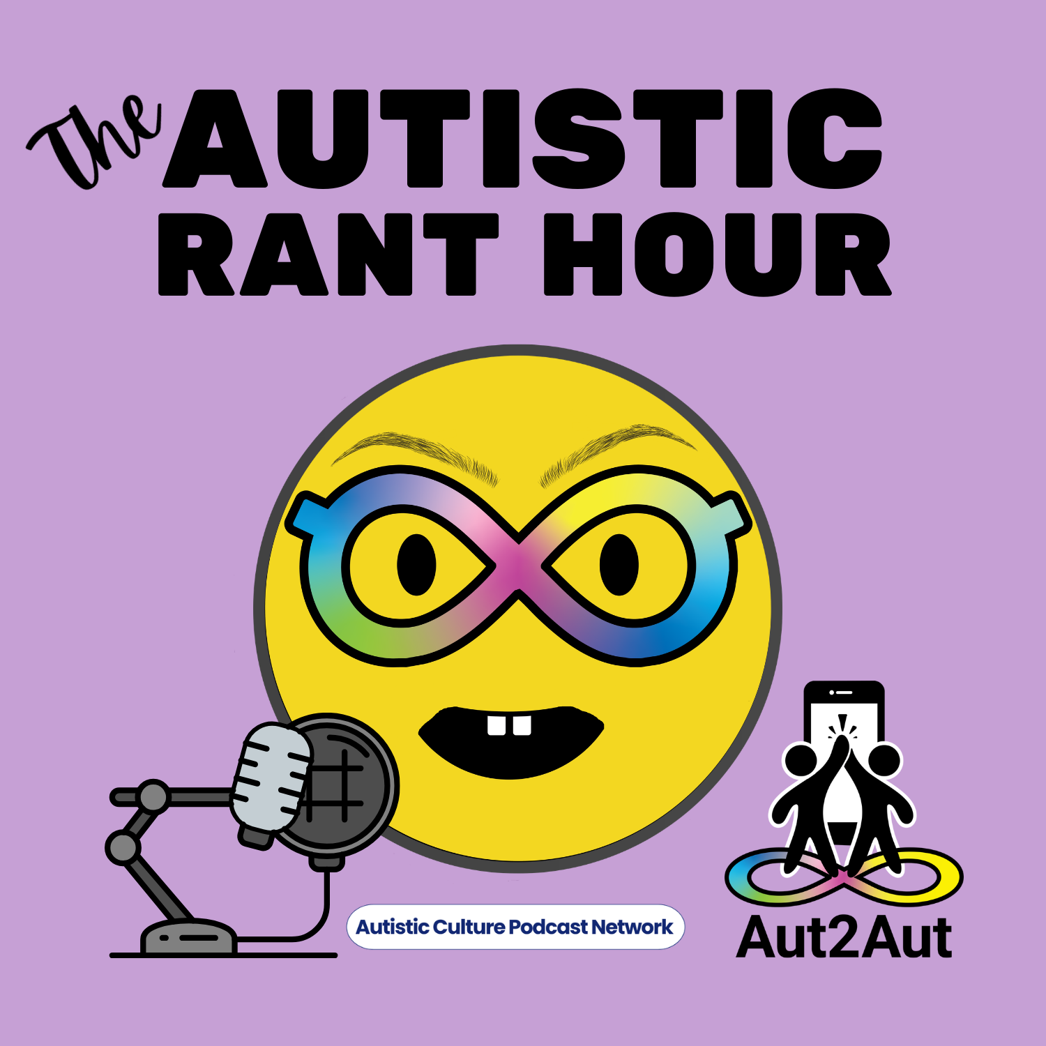 The Autistic Ranf Hour podcast logo with a nerdface emoji, but instead of smiling it angrily talks into a mic, above the Aut2Aut and APCN logos