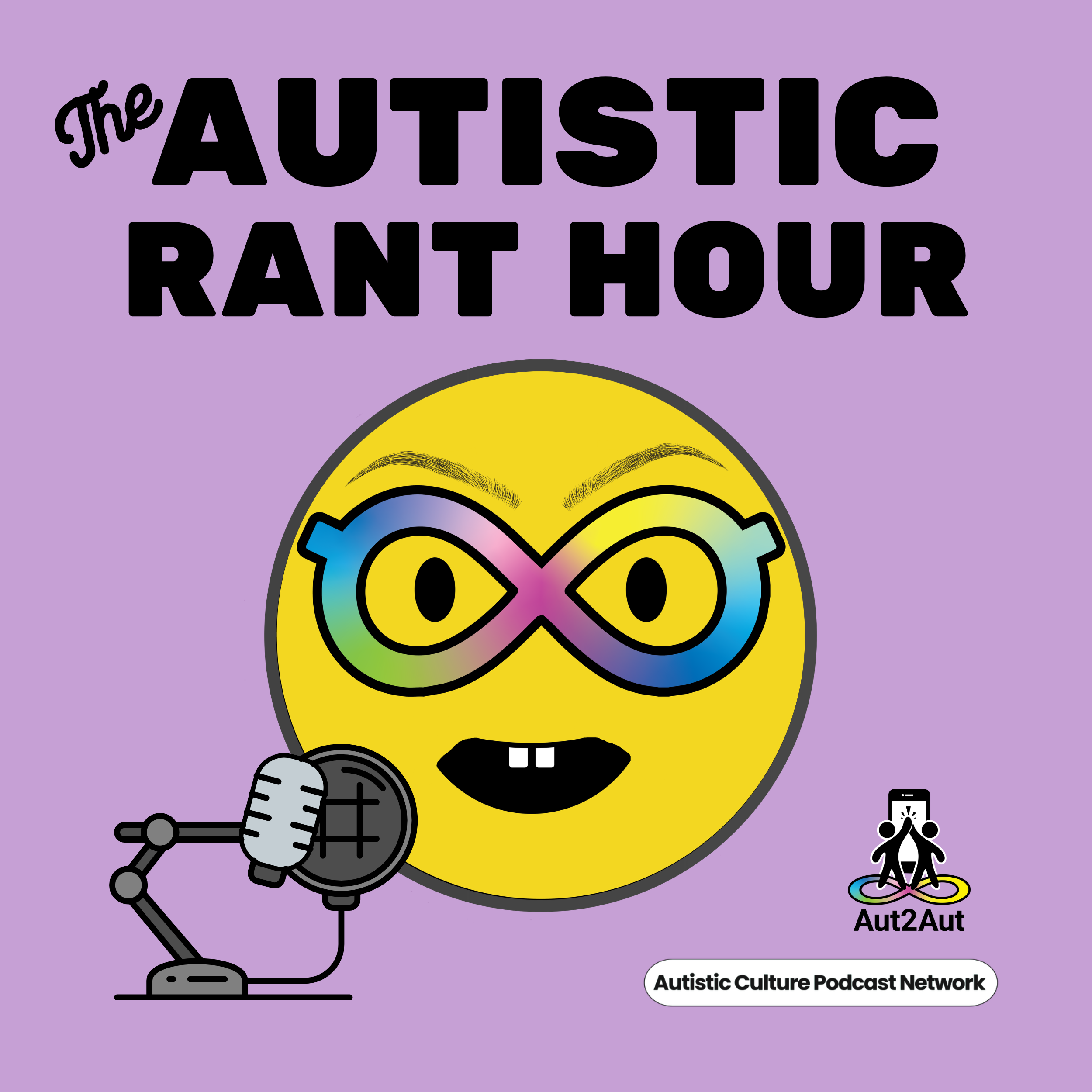 The Autistic Ranf Hour podcast logo with a nerdface emoji, but instead of smiling it angrily talks into a mic, above the Aut2Aut and APCN logos