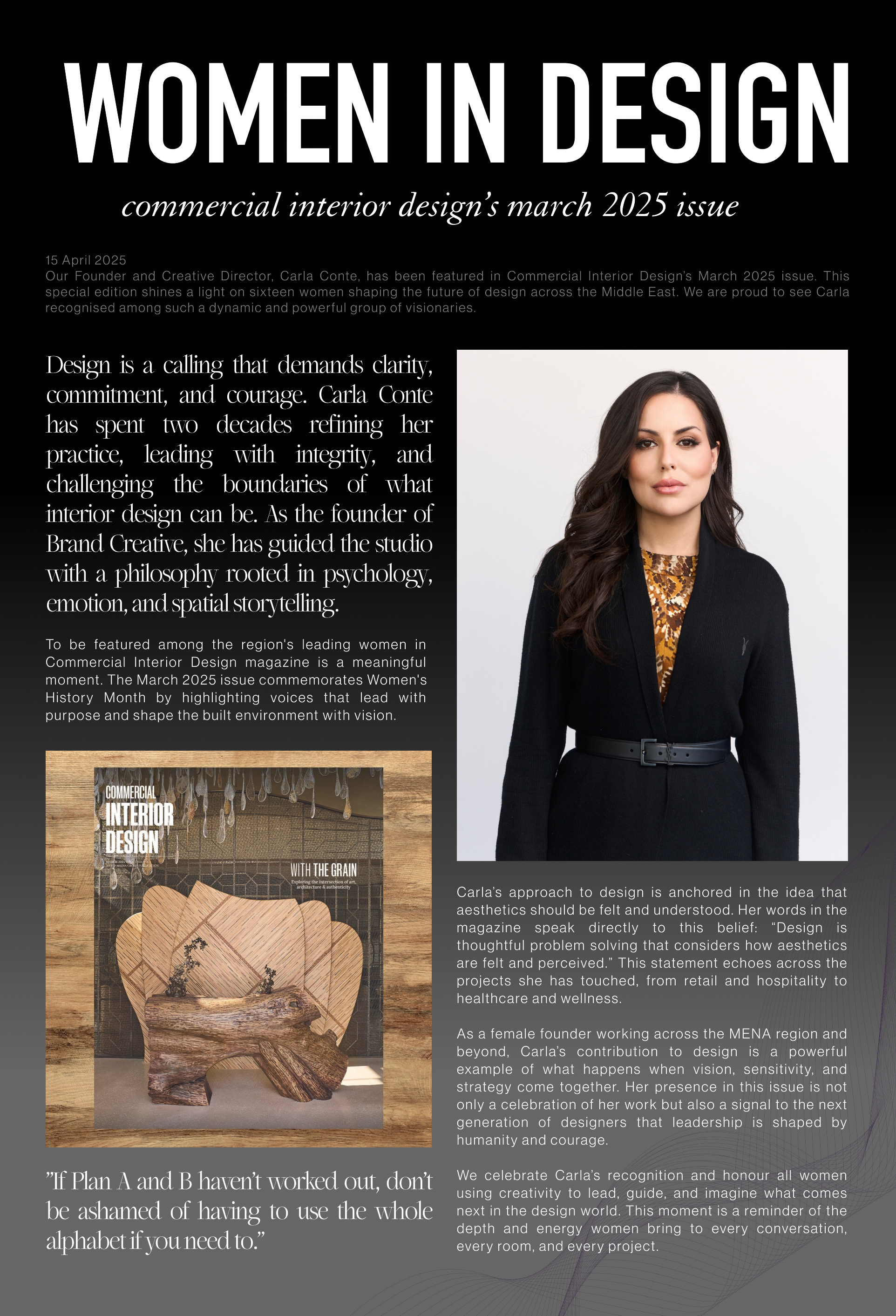 Carla Conte, Brand Creative Founder and Creative Director featured in Commercial Interior Designs March 2025 issue, to highlight the women shaping the future of design across the Middle East