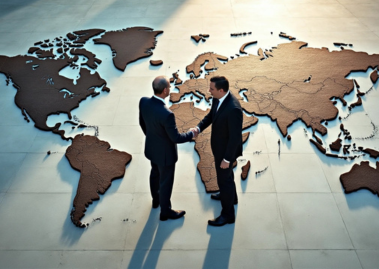 Two businessmen shaking hands in front of a world map
