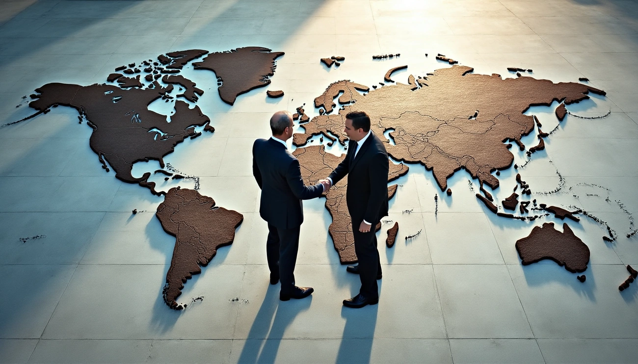 two business men shaking hands in front of a world map