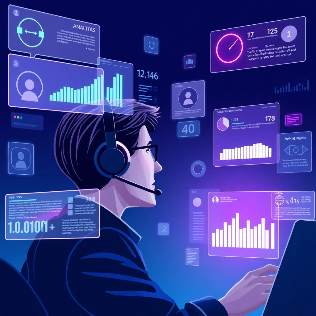 KI-gestützte Echtzeit-Gesprächsanalyse im Vertrieb zeigt Sales-Mitarbeiter mit virtuellen Dashboards für optimierte Verkaufsgespräche.