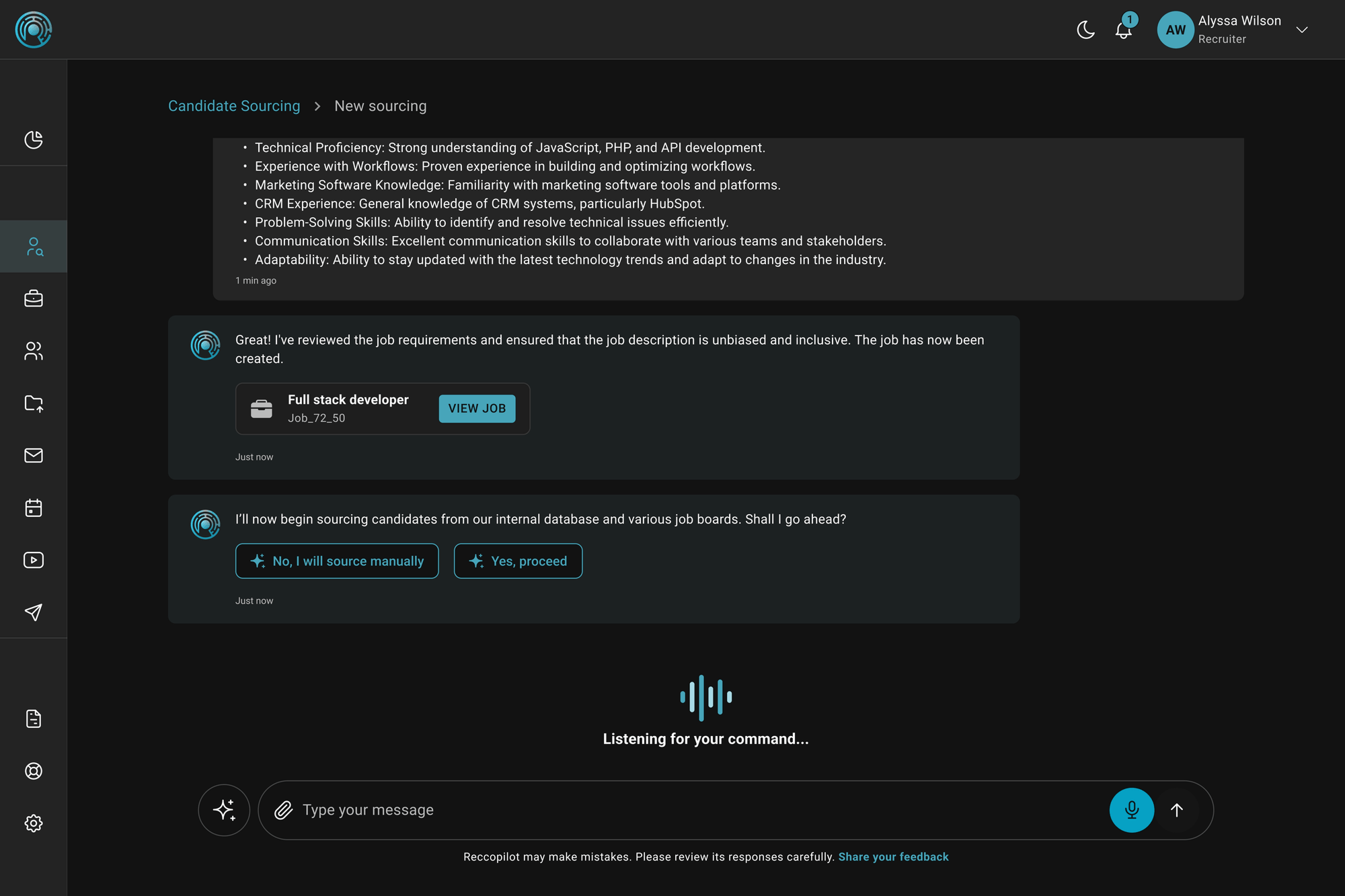 Conversational AI recruiting assistant managing hiring flow through voice and chat commands