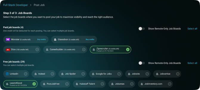 Automated job posting system distributing listings to multiple job boards using AI recruiting assistant